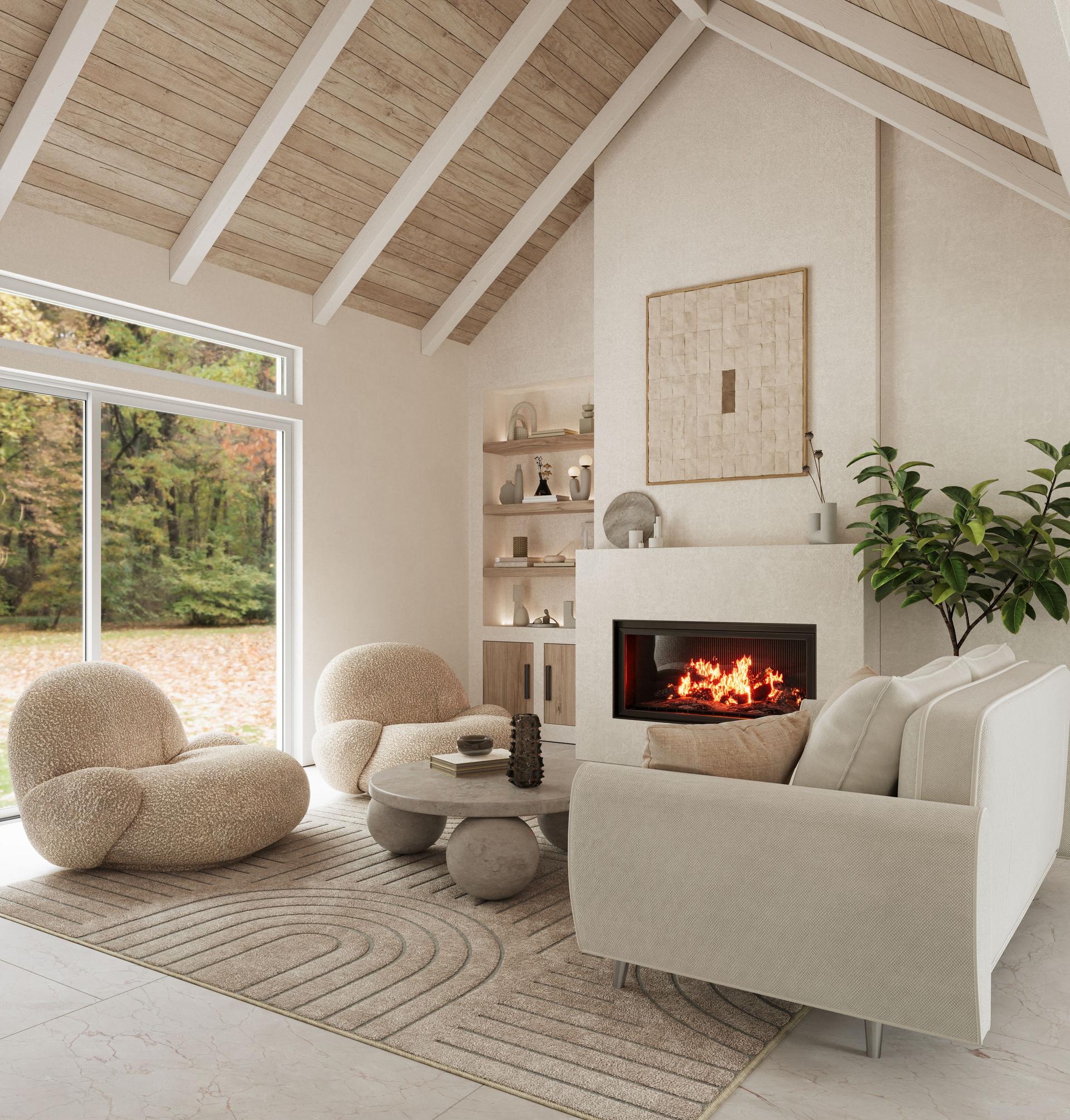 Modern living room with fireplace, beautiful furniture and rafter ceiling, 3d rendering