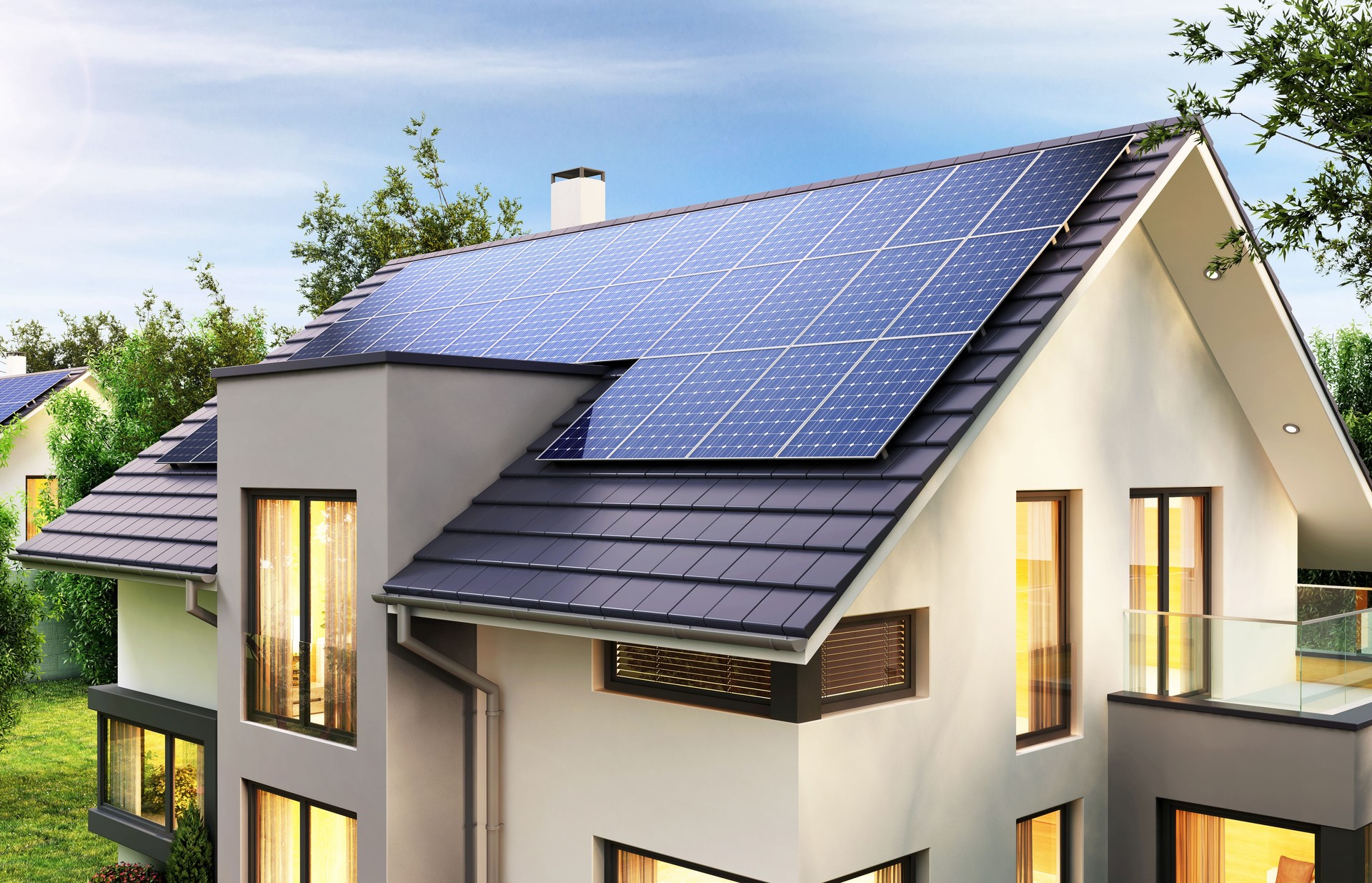 Solar panels on the roof of the modern house